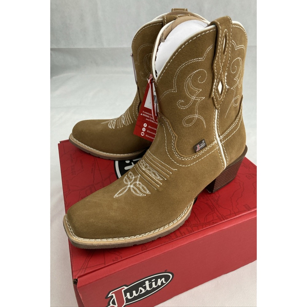Justin Women’s Chellie Camel Suede Boots Square Toe Western Cowgirl BoHo SZ 7.5B